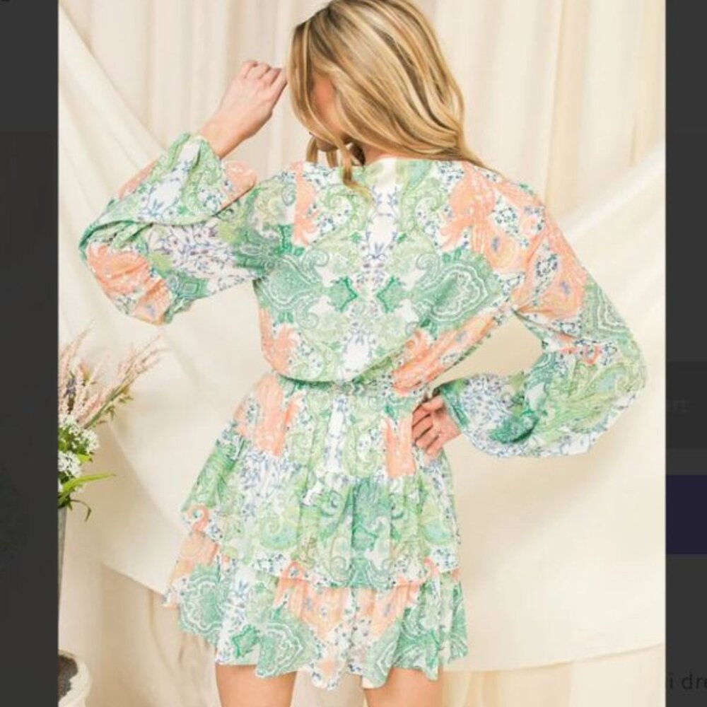 Flying Tomato || Paisley Long Sleeve & Layered  Ruffle Hem Mini Dress - Picture 3 of 10